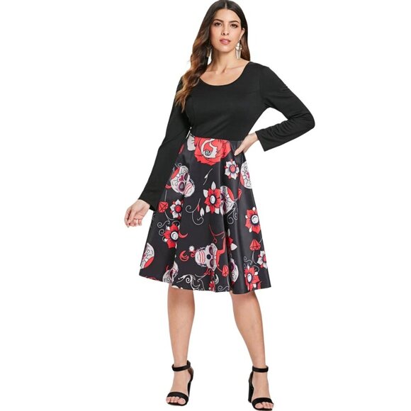 Sugar Skull Gothic Halloween Dress – Criss-Cross Back Long Sleeve Red Black | 2X - Picture 2 of 8